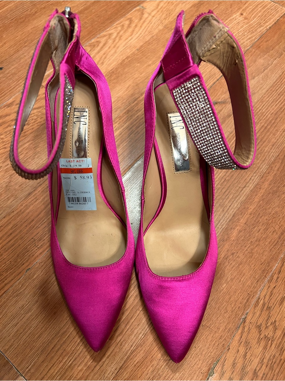 Fuchsia Satin Pointed Toe Ankle Strap Pumps with Crystal Accent